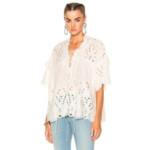 IRO Elyor White Cotton Eyelet Lace Up Peasant Blouse Top Size 38 Boho